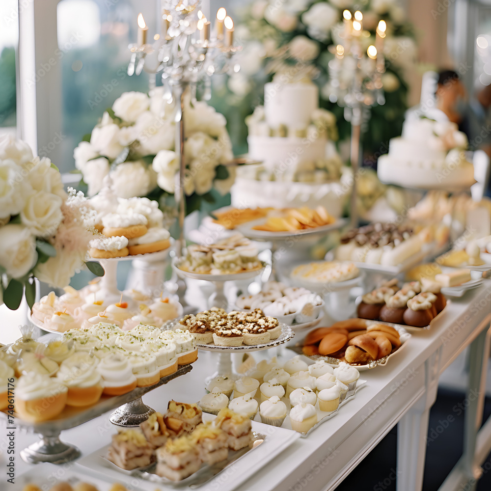 Naklejka premium White wedding food table. 