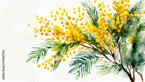 Watercolour of a tree of mimosa on pure white background canvas, copyspace on a side