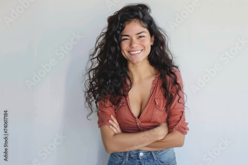 Cheerful Young Woman in Casual Outfit Smiling Confidently Against a Soft Blue Background
