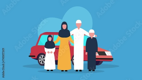 Muslim people father, mother, son and daughter standing together near the car photo