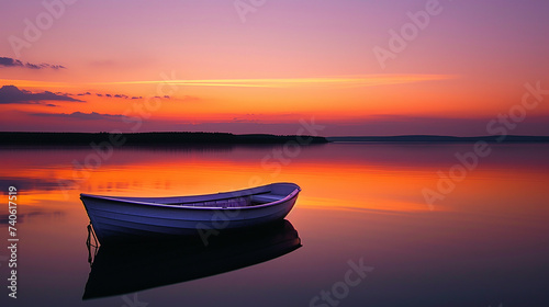 Tranquil Lakeside Scene at Sunset, with a Lone Boat, Reflections on the Water, and Warm Tones of Orange and Purple in the Sky