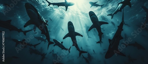 Fascinating underwater scene of a diverse group of sharks swimming gracefully in the deep ocean