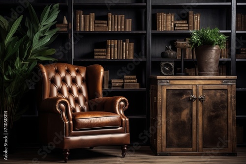 Brown Leather Armchair and Rustic Shelving: Chic Interiors with Wooden Cabinet
