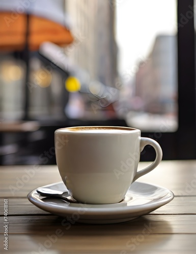 Morning Coffee in the City: Close-up of a Cup on a Cafe Table, Symbolizing Urban Lifestyle and Relaxation Generative AI