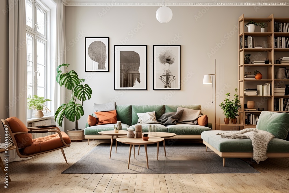 Fototapeta premium Scandinavian Mid-Century Living: Roomy Apartment with Art Poster Wall