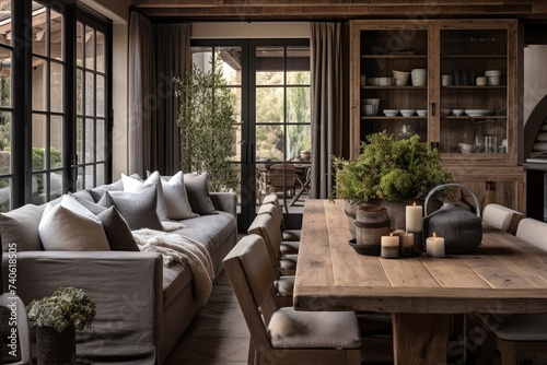 Wooden Dining Table and Cozy Seating in a Rustic Chic Home © Michael