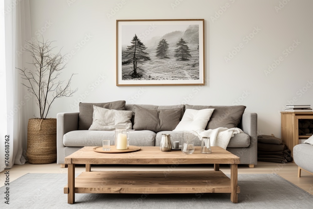 Grey Sofa & Wooden Coffee Table: Rustic Scandinavian Living Room with White Wall Art Poster Grey Sofa & Wooden Coffee Table: Rustic Scandinavian Living Room with White Wall Art Poster