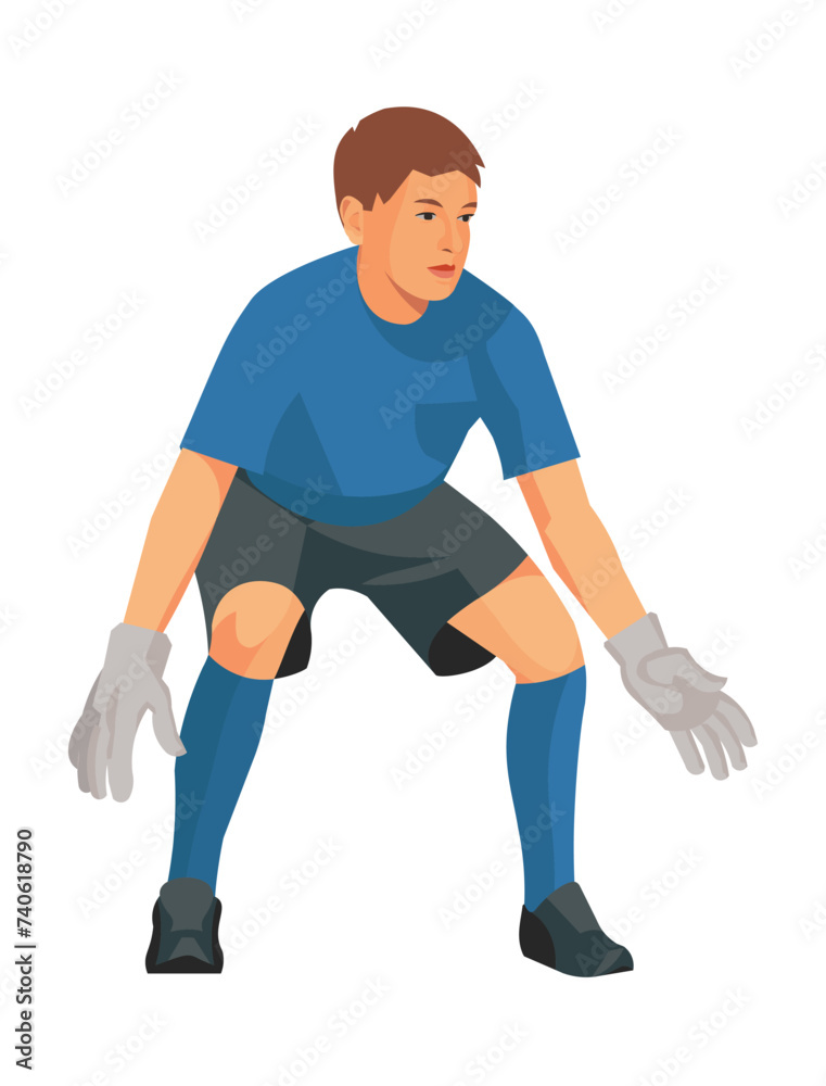 Boy figure of a junior football goalkeeper in a blue t-shirt standing in front of the goal with legs bent waiting for the ball Boy figure of a junior football goalkeeper in a blue t-shirt standing in front of the goal with legs bent waiting for the ball