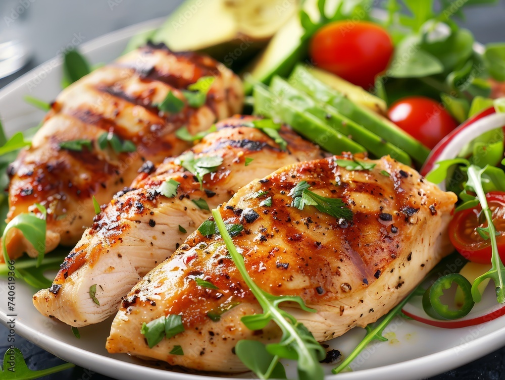Close-up Healthy food diet, Grilled chicken meat and fresh vegetable salad of tomato and avocado.Healthy diet food concept. Close-up Healthy food diet, Grilled chicken meat and fresh vegetable salad of tomato and avocado.Healthy diet food concept.