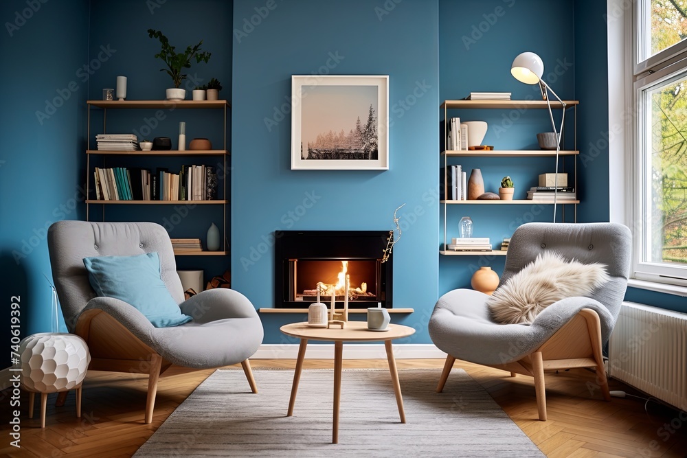 Fototapeta premium Blue Walls and Cozy Armchairs: Scandinavian Mid-century Living Spaces