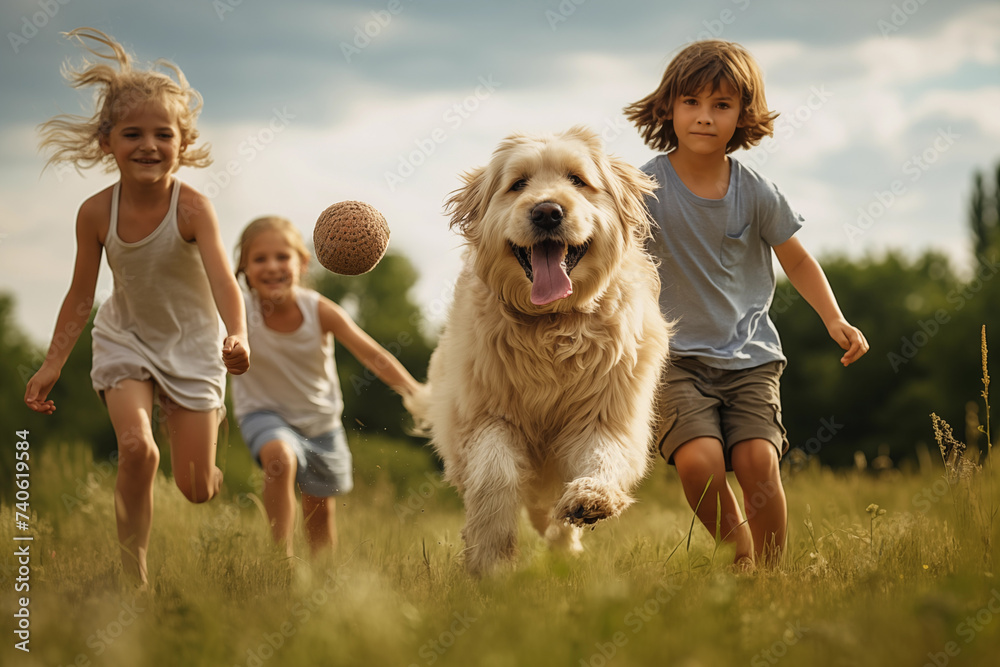 Happy children running with golden retriever dog on green meadow. Happy children running with golden retriever dog on green meadow.