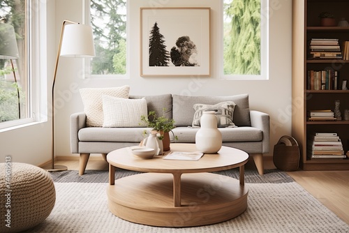 Round Coffee Table Magic: Scandinavian Mid-century Living Spaces with Cozy Rug © Michael