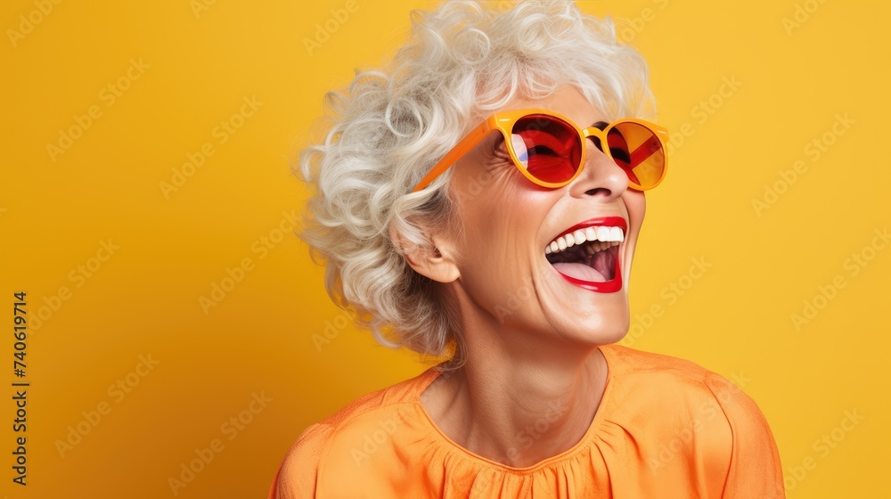 Exuberant Elderly Woman in Vibrant Orange