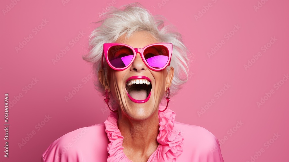 Senior Lady in Pink Laughing Joyfully