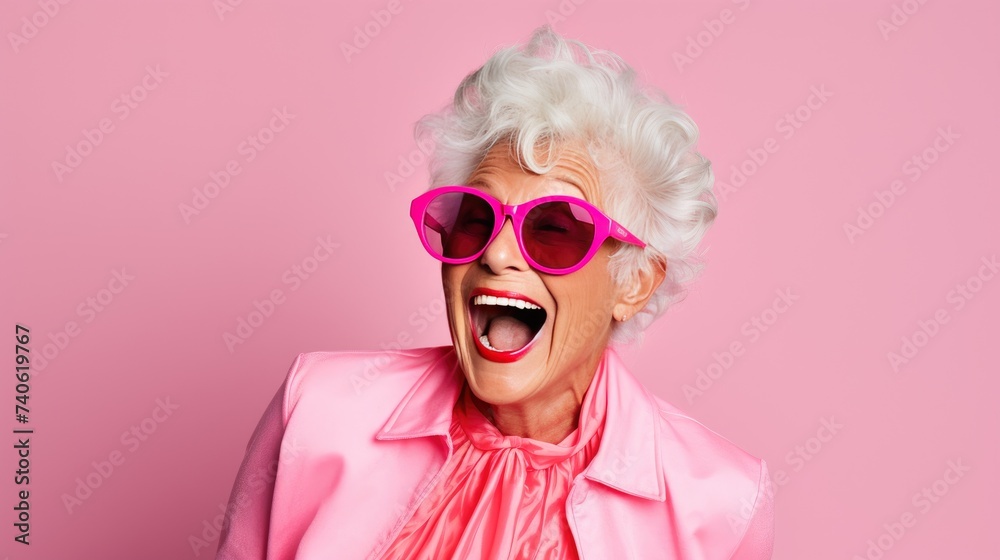 Happy Senior in Pink Blazer with Stylish Sunglasses Happy Senior in Pink Blazer with Stylish Sunglasses