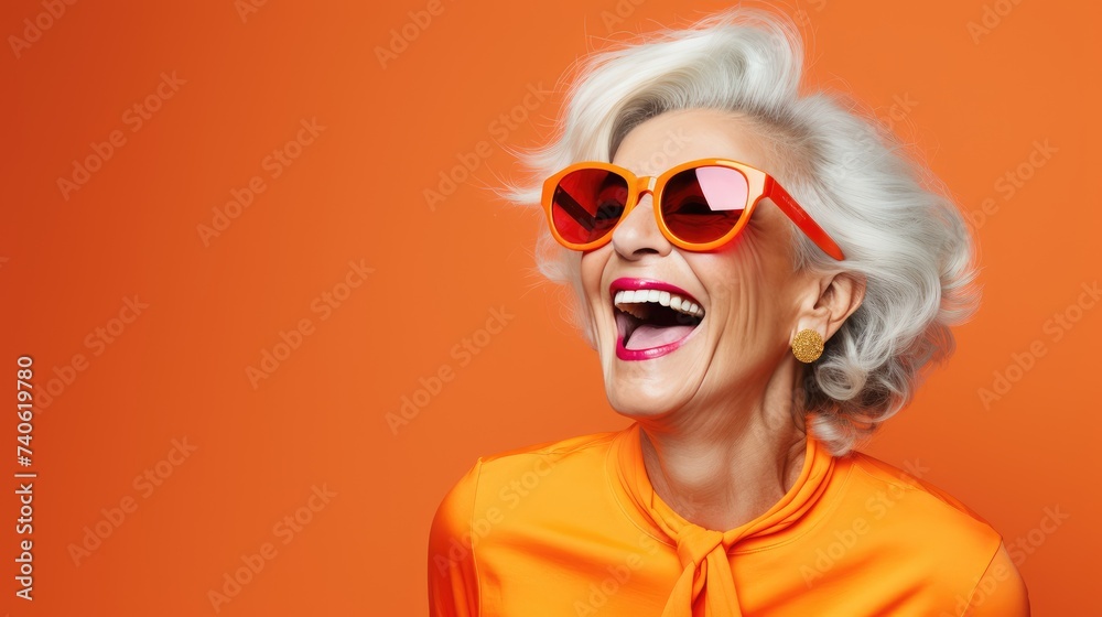 Laughing Senior Lady in Orange Jacket and Shades