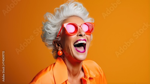 Energetic Senior Woman in Bright Orange Blouse