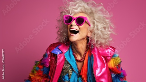 Playful Elderly Woman in Colorful Outfit
