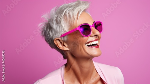 Joyful Elderly Lady with white Hair and Glasses
