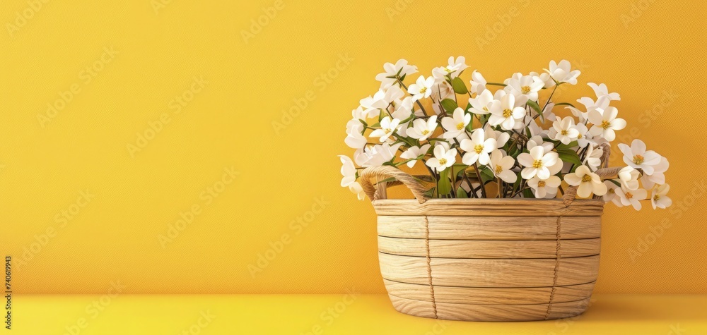 spring season White flowers in a wooden basket on yellow background with copy space for text. Women's Day and Mother's Day. empty Banner.