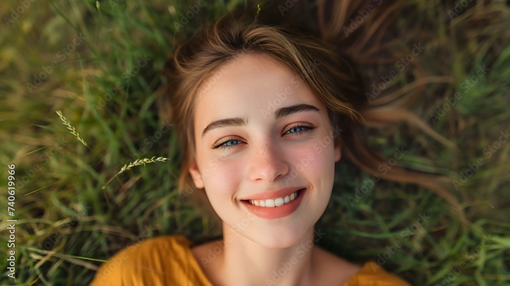 Top view of a beautiful young woman with brunette hair, lying in the grass, looking at the camera and smiling. Summer outdoor leisure time and relaxation for a pretty lady, carefree female person Top view of a beautiful young woman with brunette hair, lying in the grass, looking at the camera and smiling. Summer outdoor leisure time and relaxation for a pretty lady, carefree female person