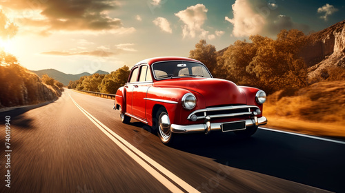 Red Vintage Car on Country Road © ZEKINDIGITAL