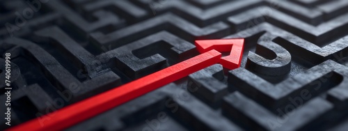 Red arrow passing through a black labyrinth or maze walls, showing the way to solve a problem and to find a solution. Business career path concept, direction through the puzzle, exit strategy photo