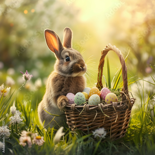 Easter rabbit and basket full of colorful Easter eggs and spring flowers on a meadow with sun shining.
