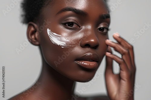 black diverse woman applying cosmetic cream or serum on face skin closeup with natural advertising light. Beauty skincare cosmetics.