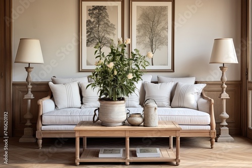 French Country Sofa Elegance: Serene Room with Solid Wooden Elements