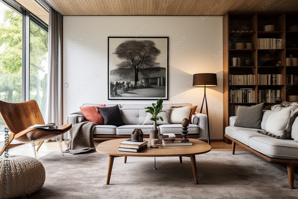 Fototapeta premium Roomy Lounge: Spacious Scandinavian Mid-century Living Space with Modern Design