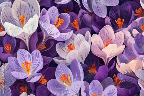 Crocus flower pattern in digital illustration style, shades of purple and violet
