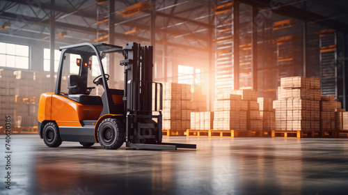 Orange Forklift in Warehouse with Pallets