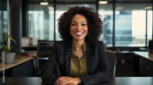 Smiling Curly-Haired Businesswoman at Work