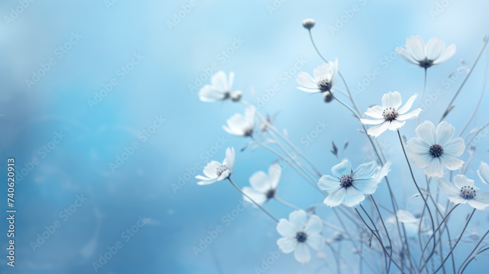 Beautiful delicate flowers on a blue background. Abstract layout of a colored frame with space for text. A romantic feminine composition.The concept of International Women's Day, Mother's Day. Beautiful delicate flowers on a blue background. Abstract layout of a colored frame with space for text. A romantic feminine composition.The concept of International Women's Day, Mother's Day.