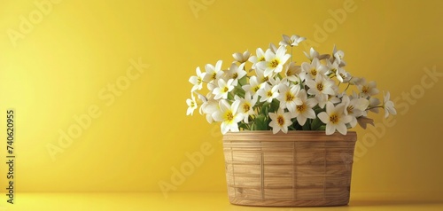 spring season White flowers in a wooden basket on yellow background with copy space for text. Women's Day and Mother's Day. empty Banner. © Divine123victory