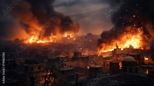 Massive urban fire engulfs a city at dusk, depicting disaster and emergency situation