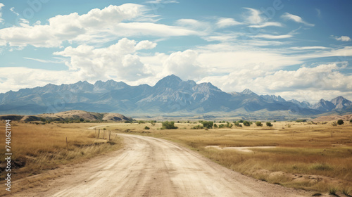 Scenic dirt road leading towards majestic mountains under a blue sky with clouds