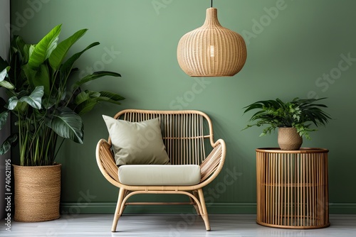 Villa Style Green Wall Living Room: Rattan Chair and Pendant Light Oasis
