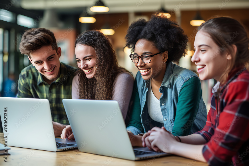 Diverse group of happy young adults working on laptops together Diverse group of happy young adults working on laptops together