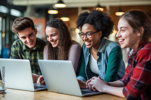 Diverse group of happy young adults working on laptops together