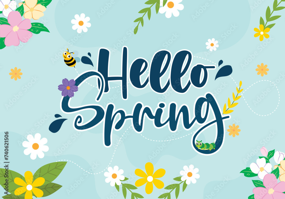 Vector illustration first day of spring, hello spring editable post banner template