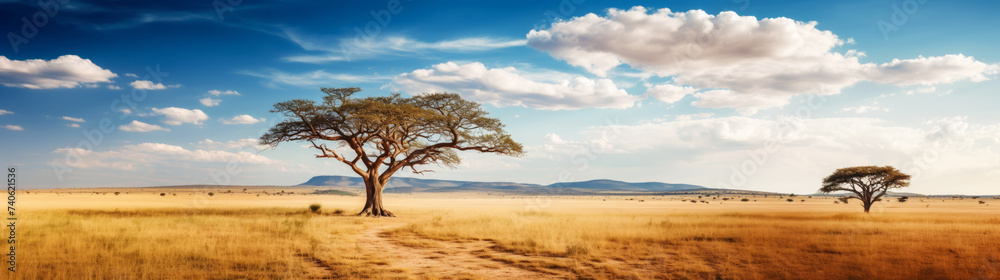 Serene African savannah landscape with iconic acacia trees under a blue sky Serene African savannah landscape with iconic acacia trees under a blue sky