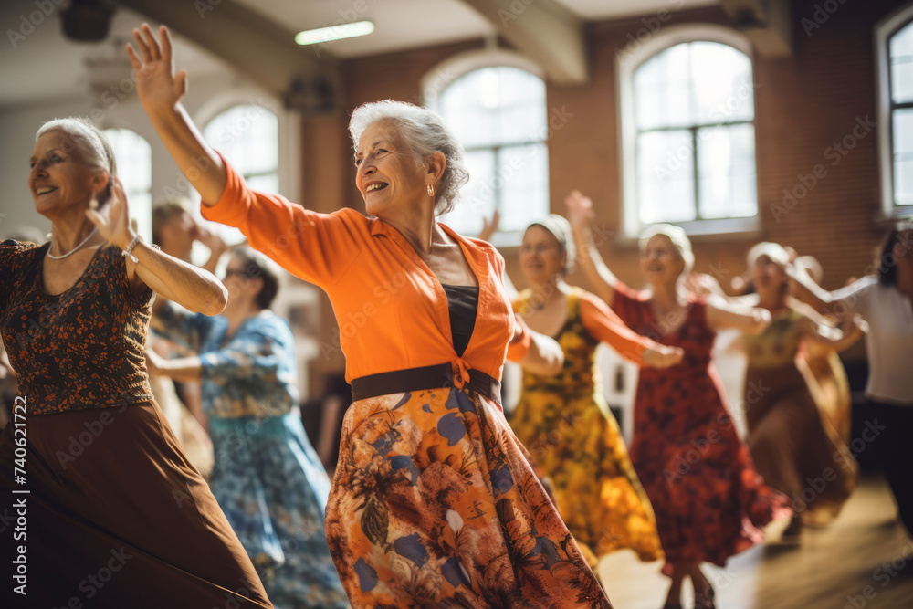 Fototapeta premium Senior women joyfully dancing together in a bright community hall