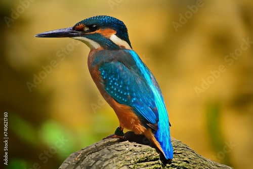 Kingfisher perched on a wooden pole among bushes