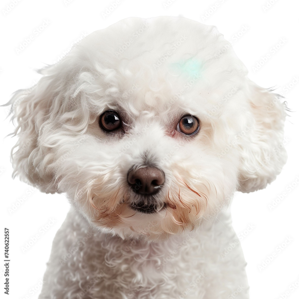 front view close up of a Bichon Frise face isolated on a white background