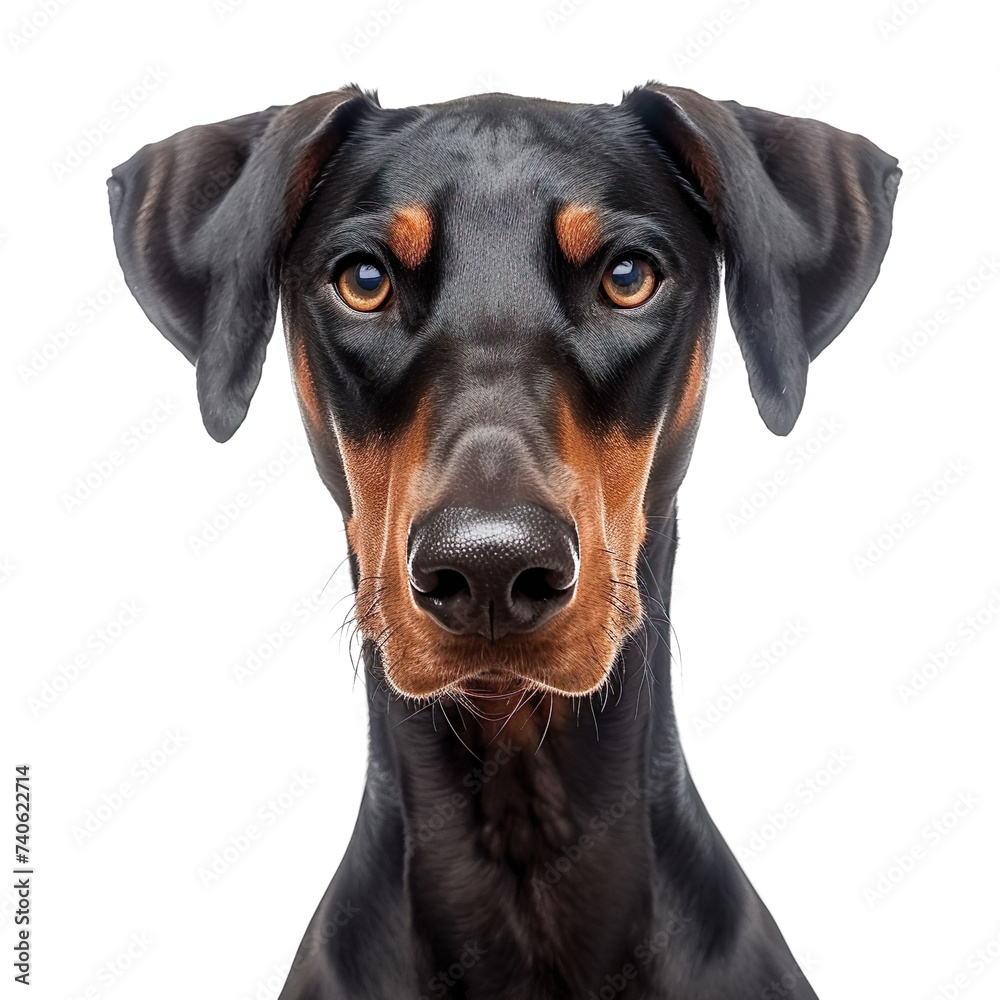 front view close up of a Doberman Pinscher face isolated on a white background