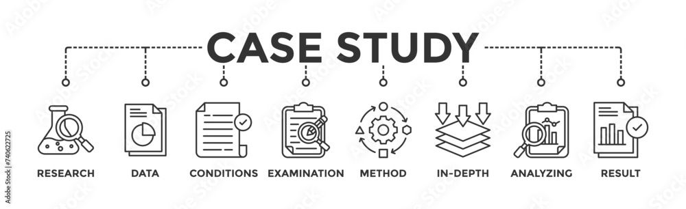 Case study banner web icon illustration concept with icon of research, data, conditions, examination, method, in-depth, analyzing, and result Case study banner web icon illustration concept with icon of research, data, conditions, examination, method, in-depth, analyzing, and result