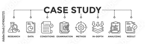 Case study banner web icon illustration concept with icon of research, data, conditions, examination, method, in-depth, analyzing, and result