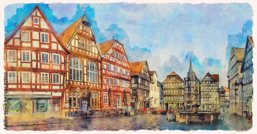 The picturesque medieval city of Fritzlar, Hessen, Germany. Half-timbered houses on the square in the central part of the city. Watercolor painting.